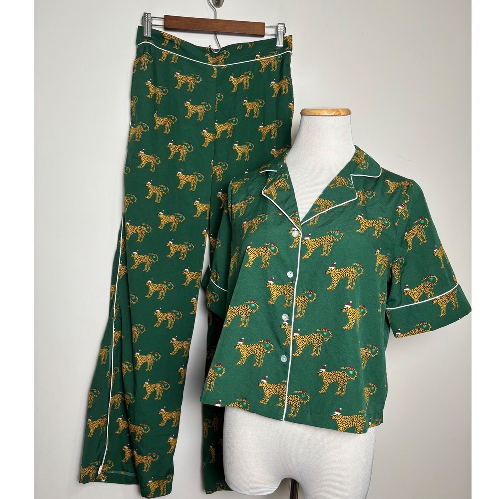 Bouffants & Broken Hearts Womens Pajama Set Small Whimsical Christmas Leopard